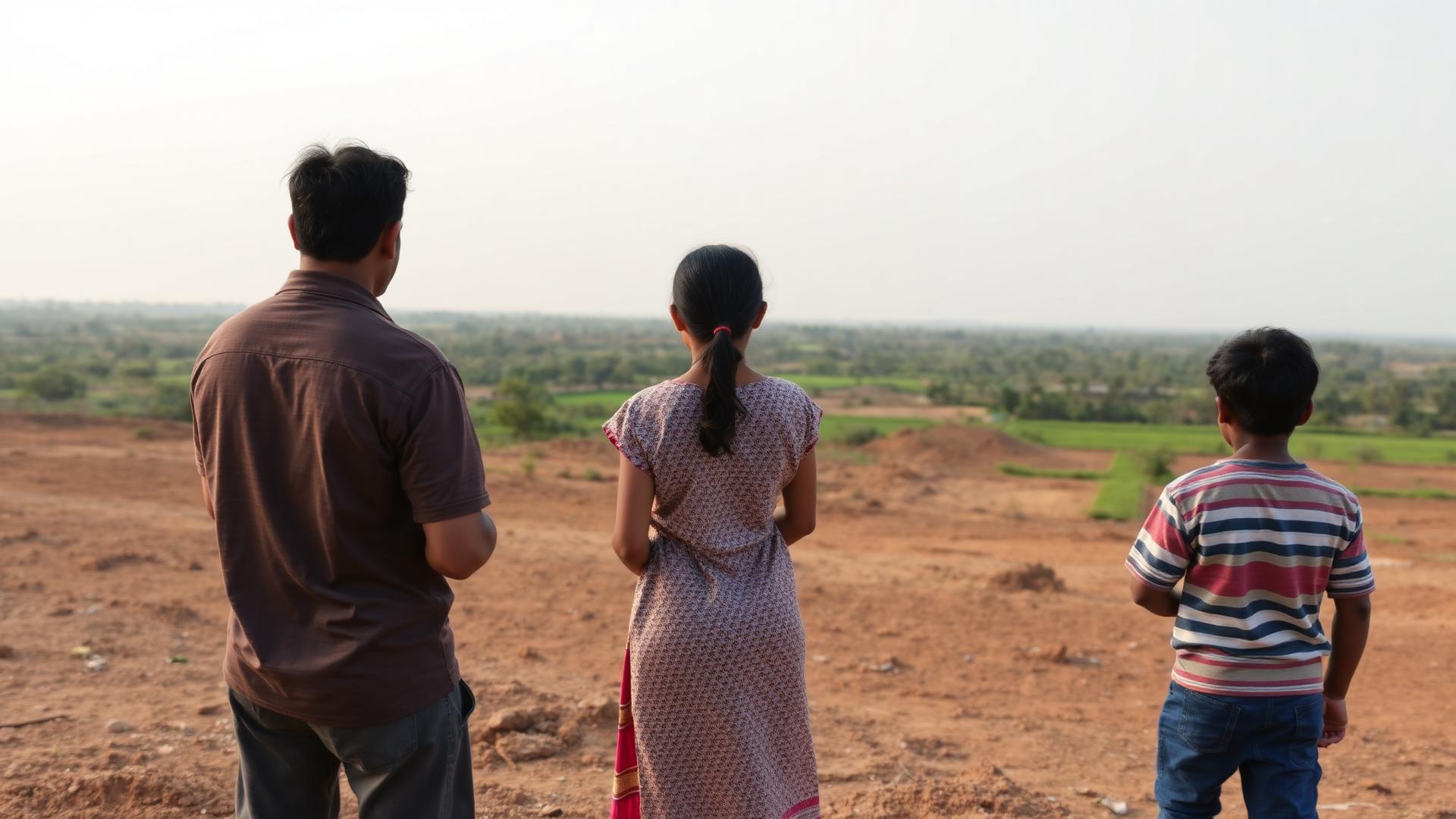 A family looking out over open land near Hyderabad during a site visit