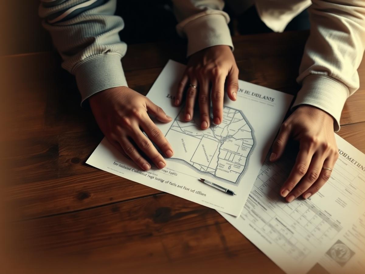 Land documents and a layout map on a table during a discussion