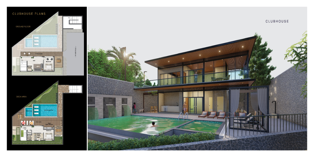 Clubhouse with swimming pool, kids' pool, deck area, and resort-inspired open spaces.