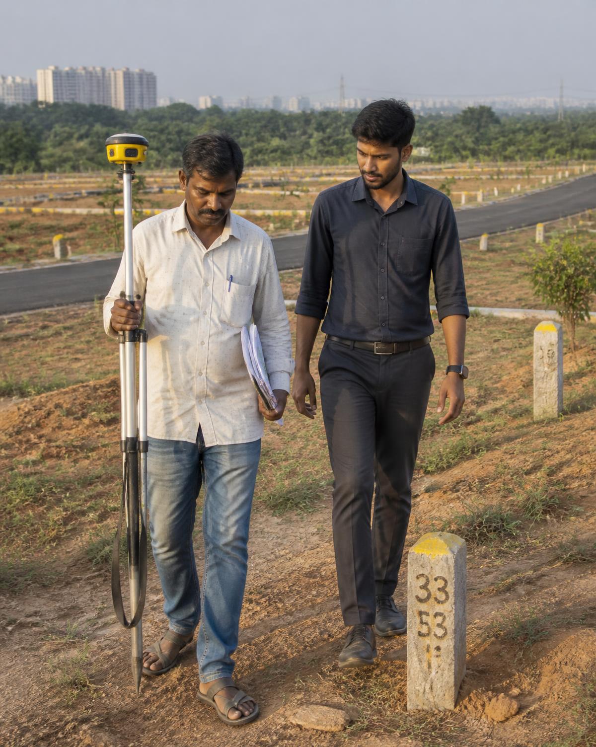A surveyor and a Noon Estates representative walking a plotted land parcel near Hyderabad